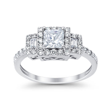 Halo Wedding Ring Baguette Simulated Cubic Zirconia 925 Sterling Silver